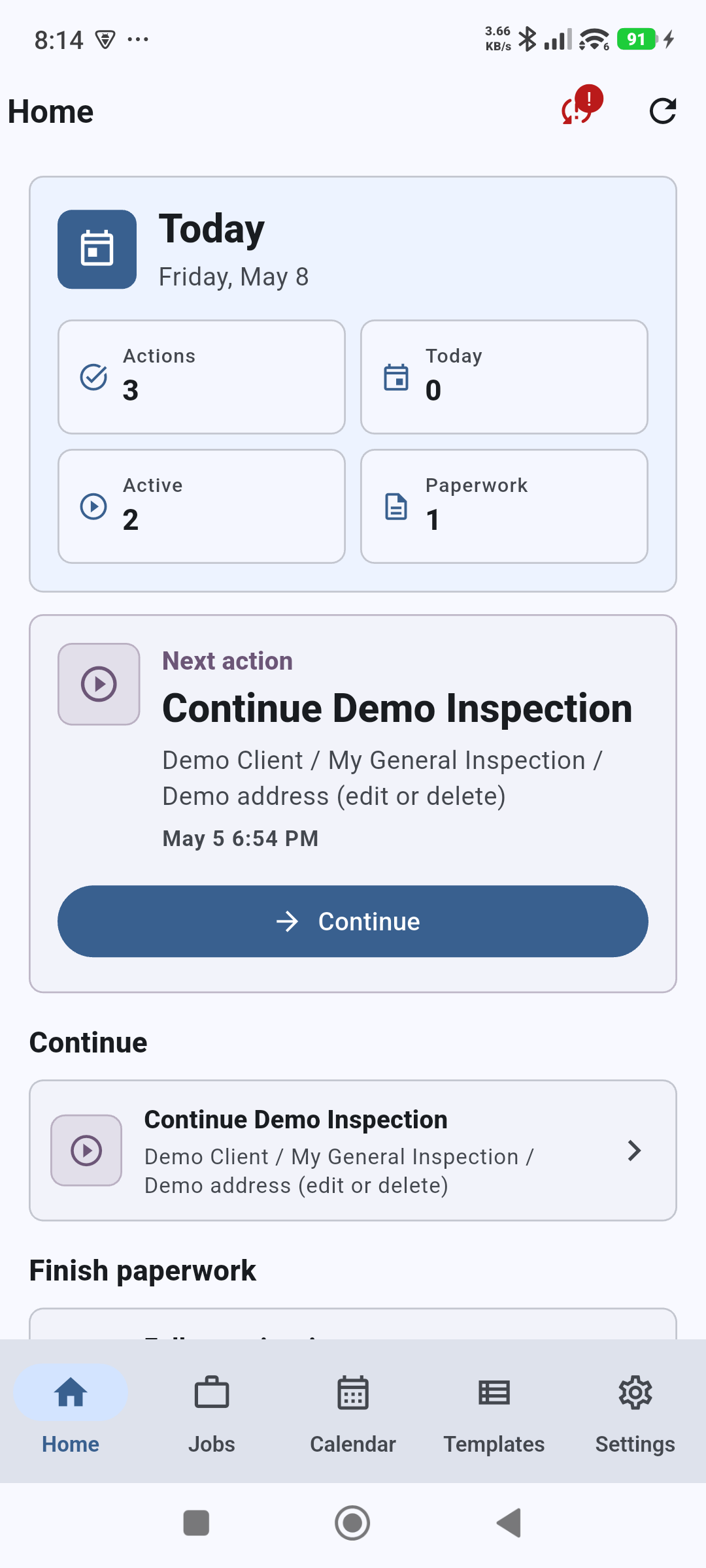 InspectMate home dashboard with inspection actions and paperwork