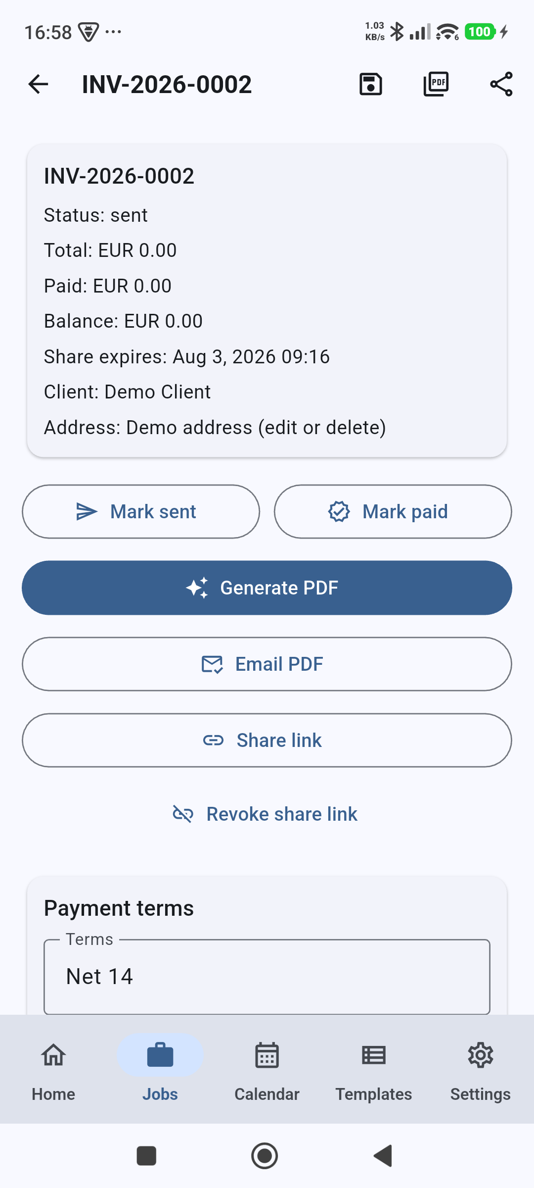 InspectMate invoice screen with PDF, email, and share link actions