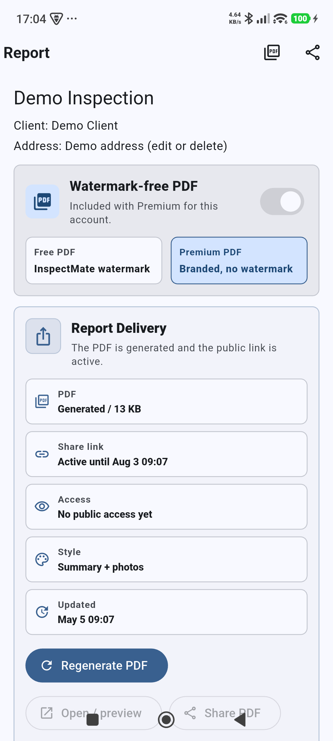 InspectMate report delivery screen with public share link status