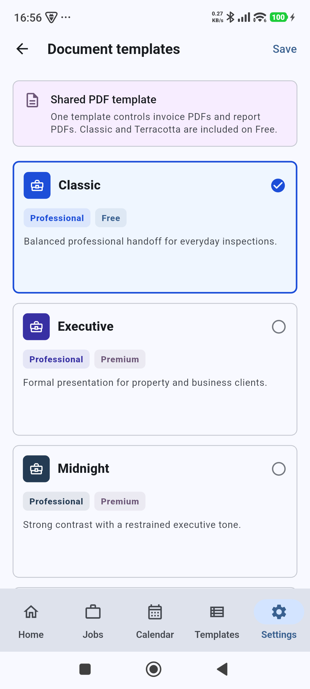 InspectMate document template settings screen